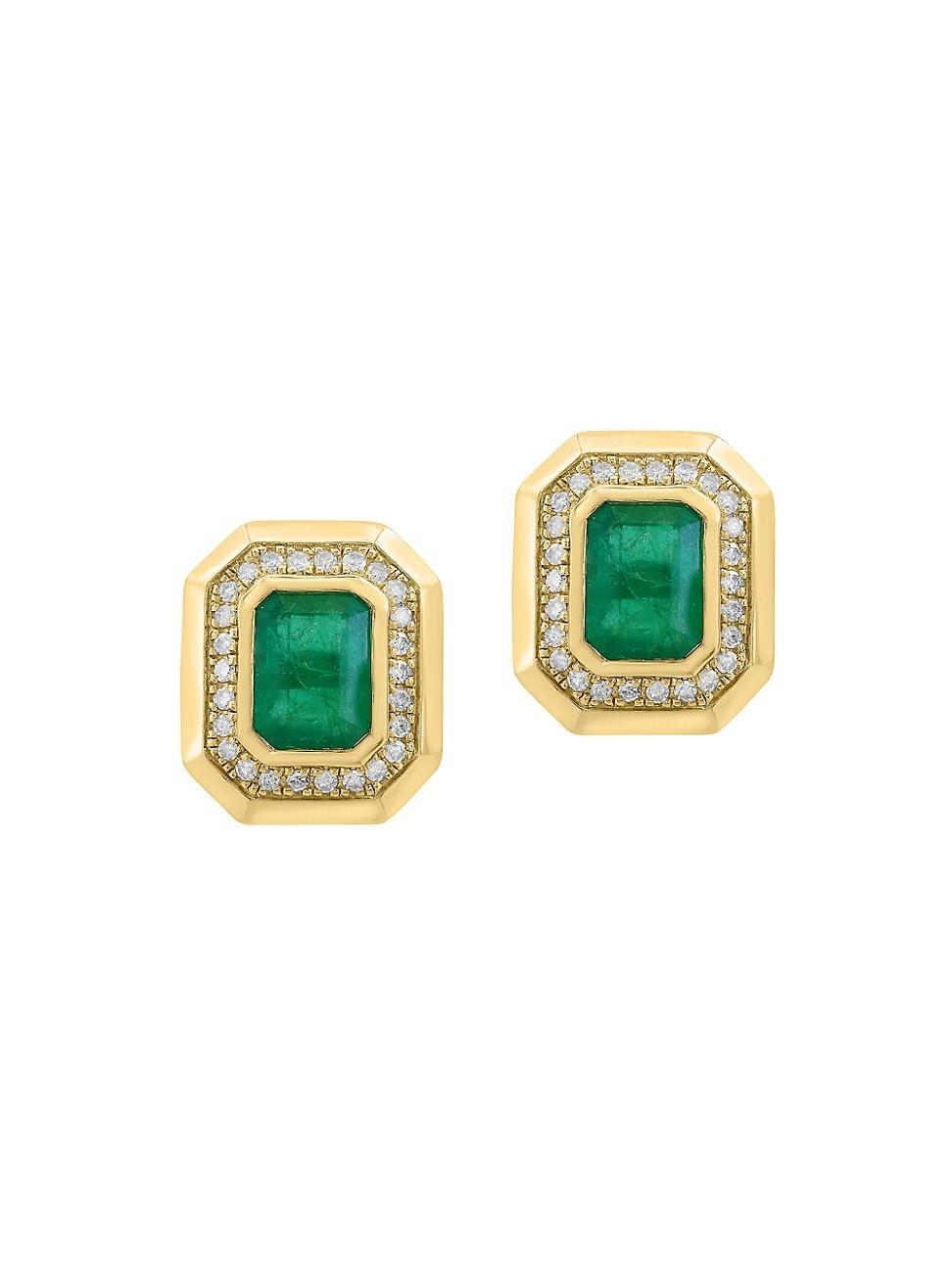 Womens 14K Yellow Gold, Emerald & 0.25 TCW Diamond Stud Earrings Product Image