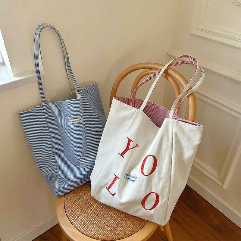 Lettering Embroidered Canvas Tote Bag Product Image