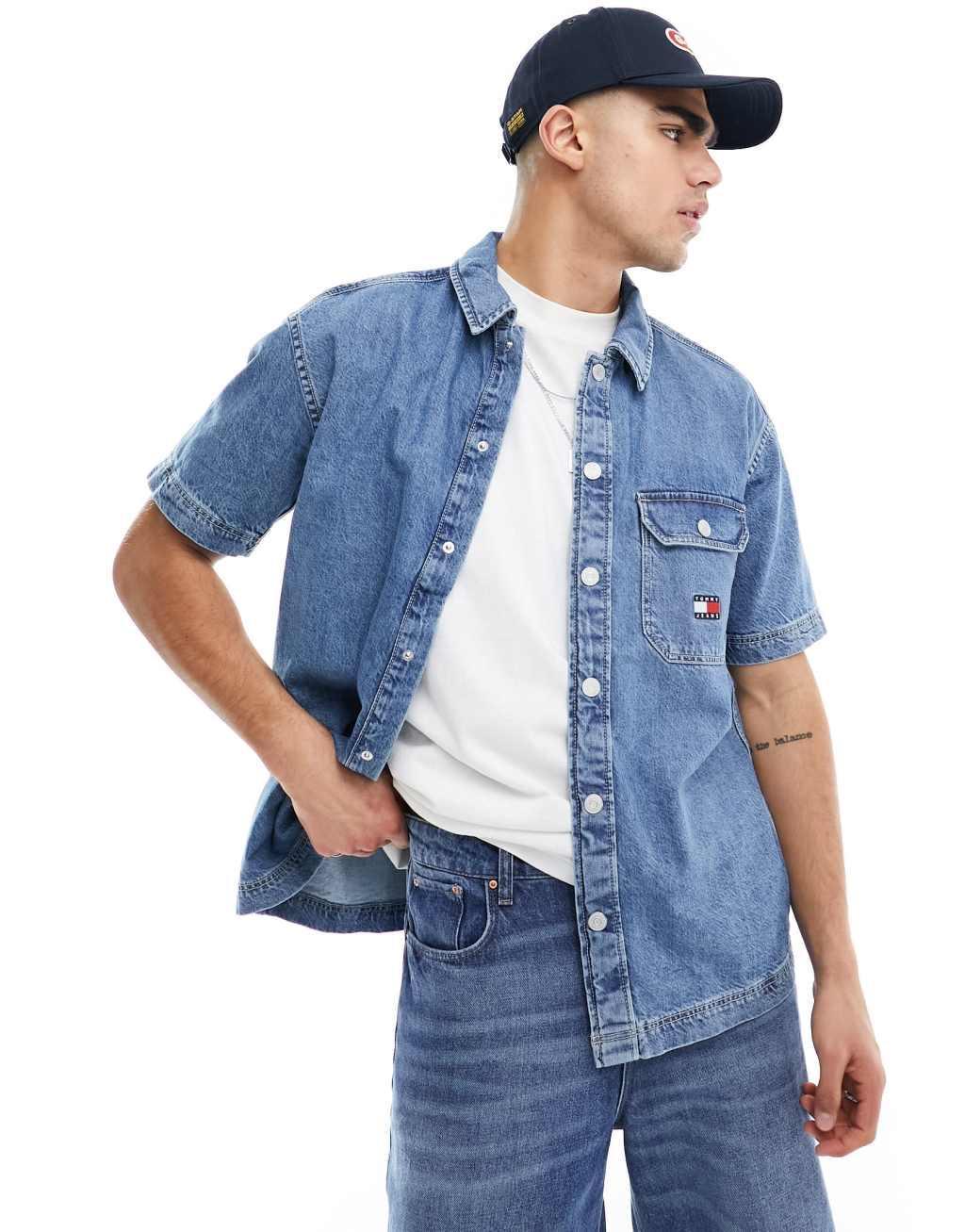 Tommy Jeans denim short sleeve overshirt in indigo - part of a set Product Image