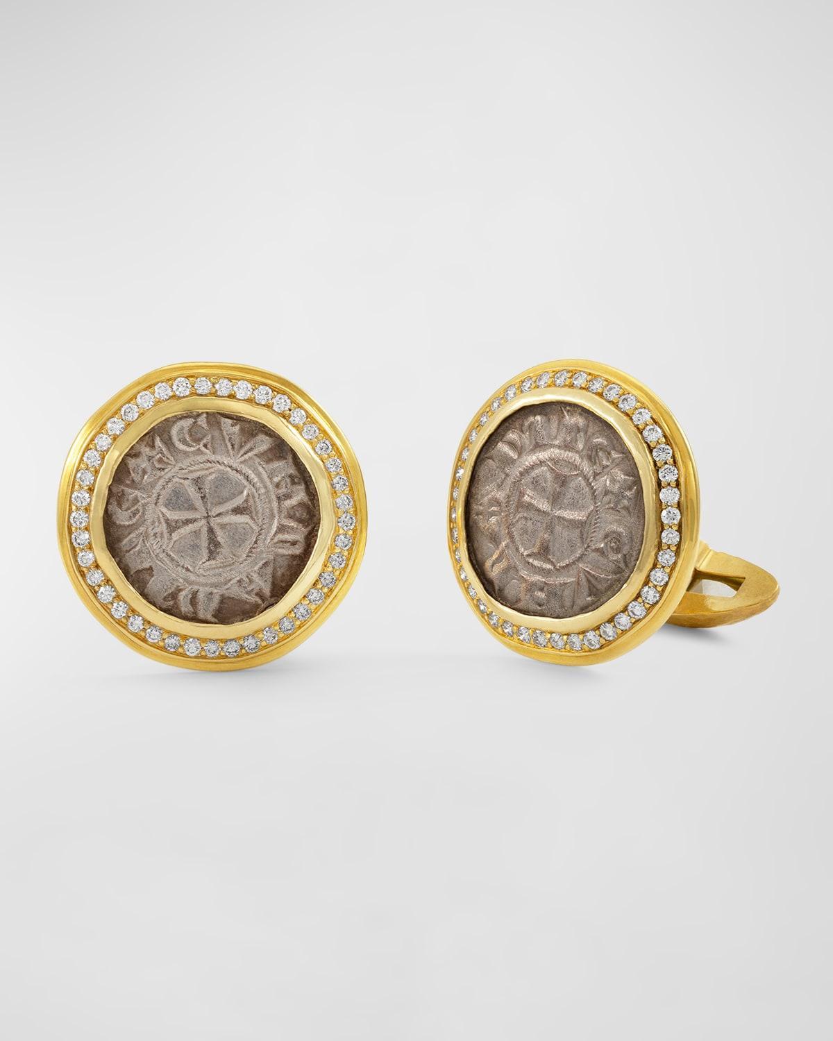 Mens 18K Crusader Coin Cufflinks w/ Diamonds Product Image