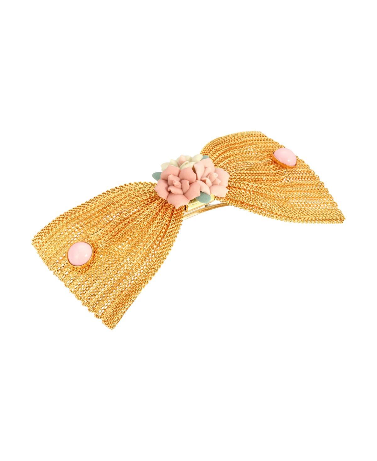 Womens Gold-Tone Porcelain Flower Mesh Bow Hair Barrette Product Image