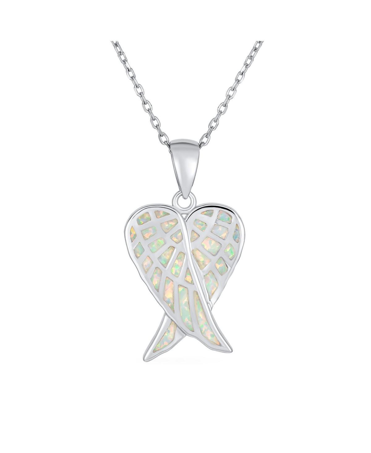 Romantic Love Gemstone Created Opal Inlay Spiritual Guardian Angel Wings Feather Necklace Pendant For Women Girlfriend .925 Sterling Silver - Wh Product Image