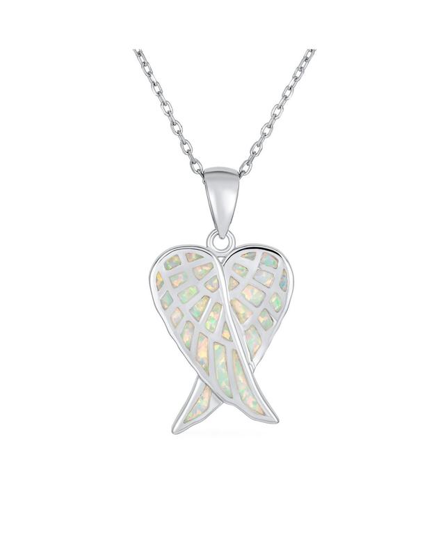 Romantic Love Gemstone Created Opal Inlay Spiritual Guardian Angel Wings Feather Necklace Pendant For Women Girlfriend .925 Sterling Silver - Wh Product Image