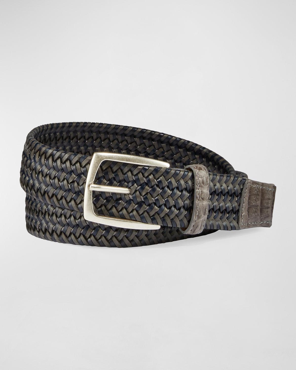 Mens Woven Leather Stretch Belt with Crocodile Trim Product Image