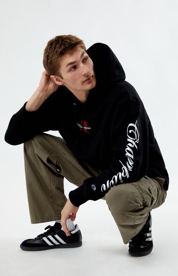 Mens Champion Arena Reverse Weave Hoodie, Roses Script Logo Black XL Product Image