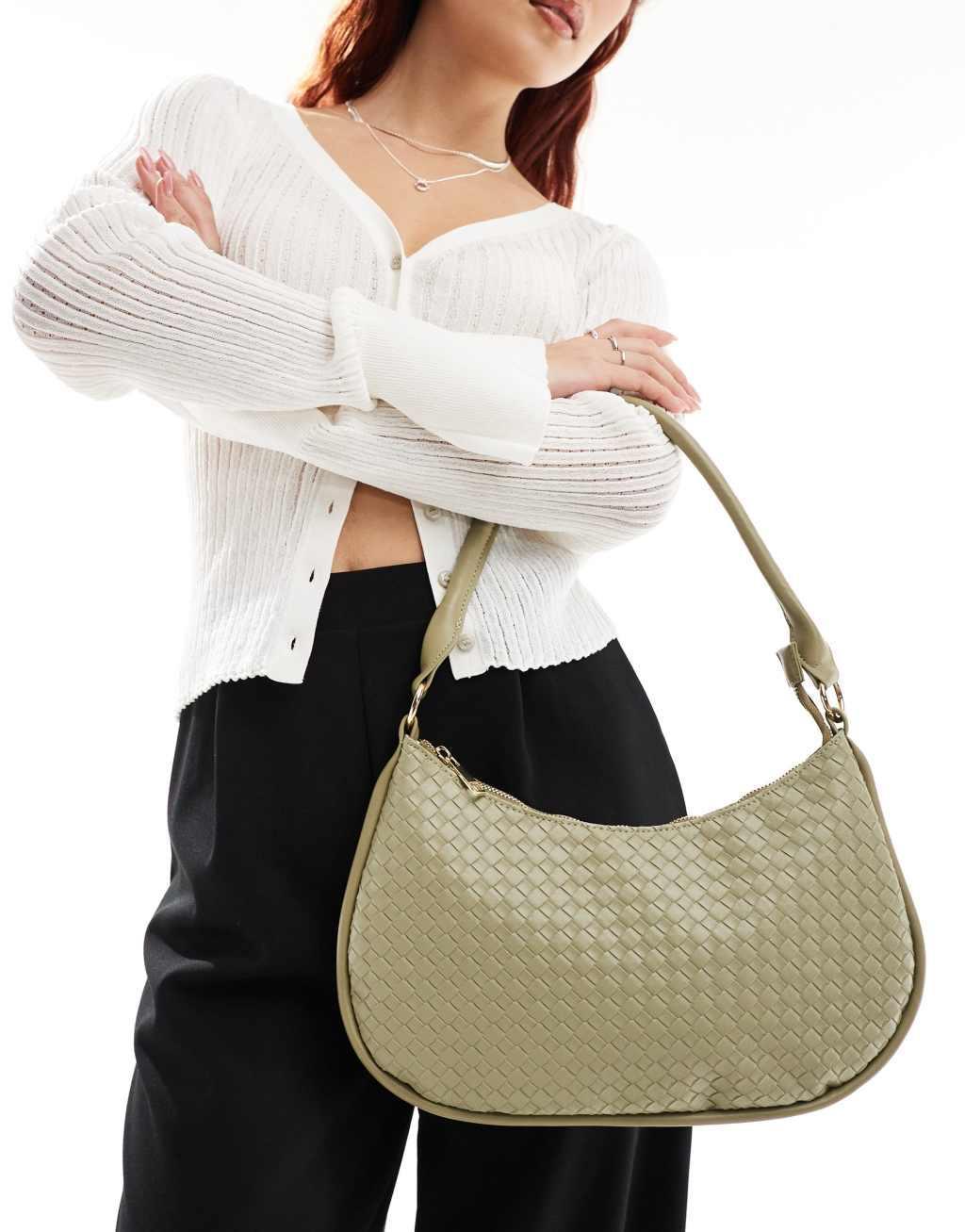 Glamorous woven detail crescent shoulder bag in olive green  Product Image