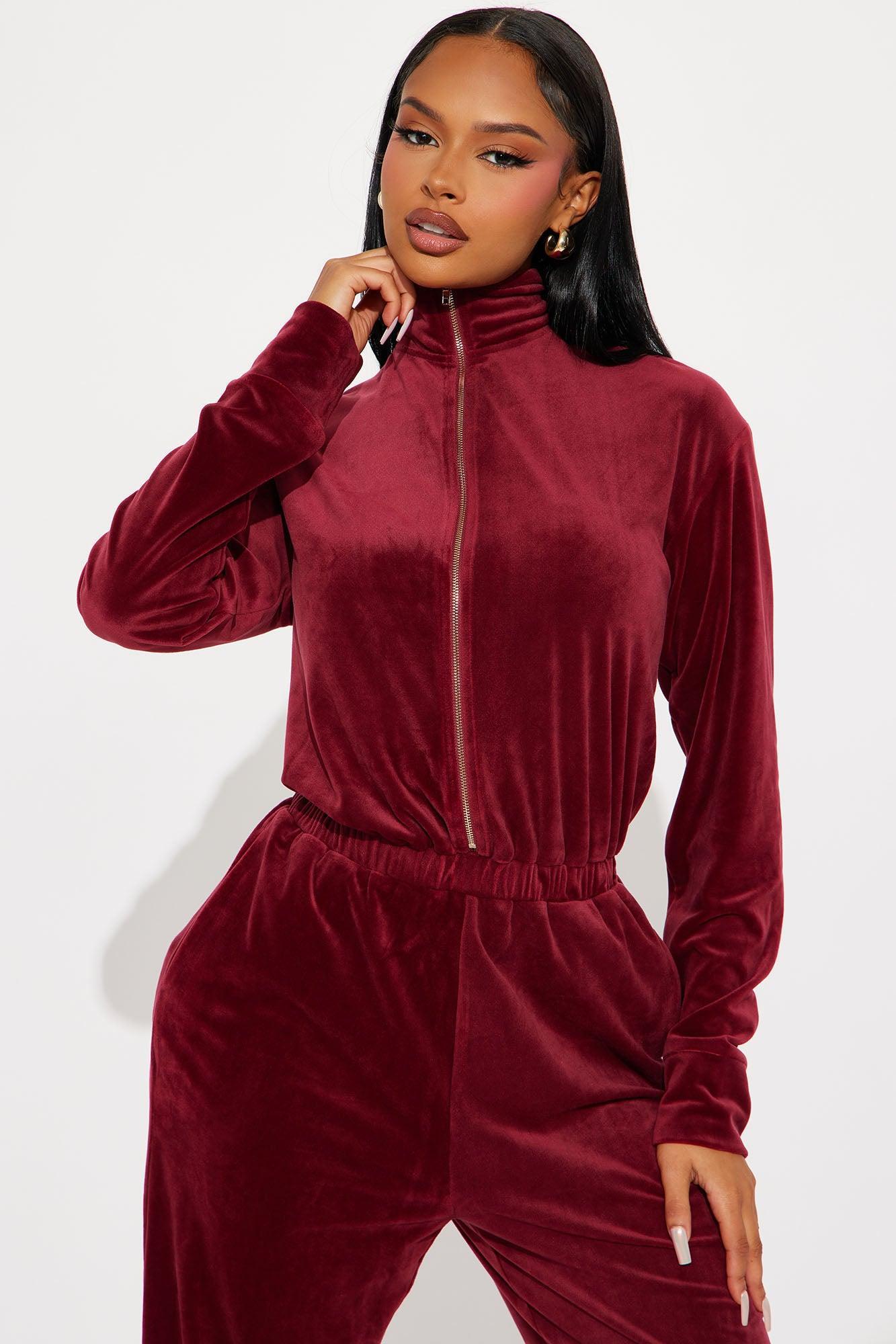 OG Friend Soft Velour Jumpsuit - Burgundy Product Image