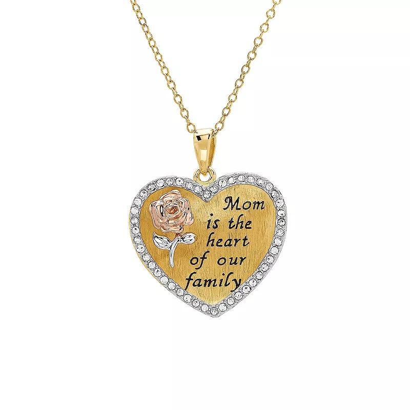 Tri-Tone Sterling Silver Crystal Rose Mom is the Heart of Our Family Pendant Necklace, Womens Gold Tone Product Image