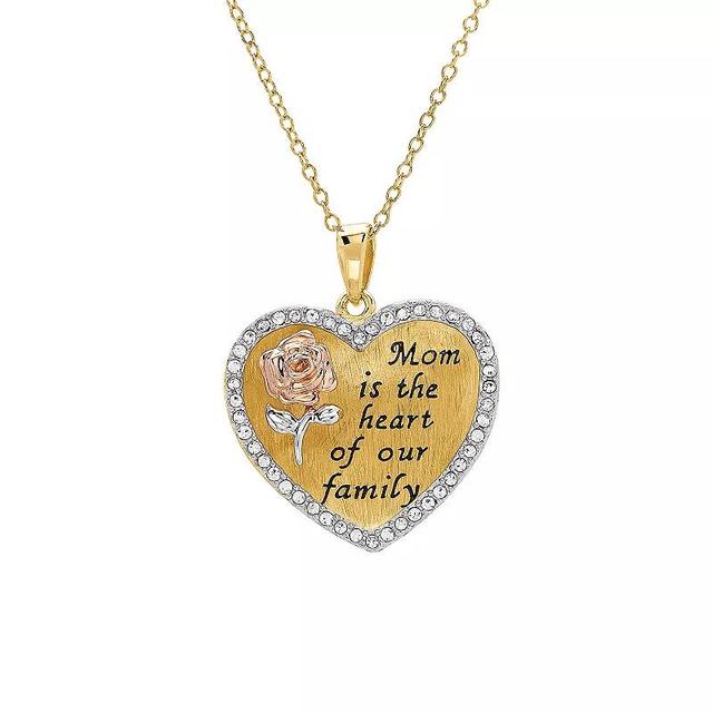 Tri-Tone Sterling Silver Crystal Rose Mom is the Heart of Our Family Pendant Necklace, Womens Gold Tone Product Image