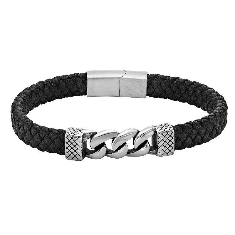 Mens LYNX Stainless Steel & Braided Black Leather Bracelet Product Image