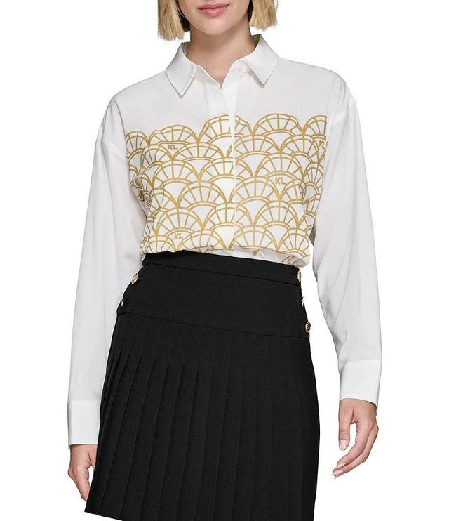 KARL LAGERFELD PARIS Woven Gold Sequin Fan Motif Point Collar Long Sleeve Button Front Blouse Product Image