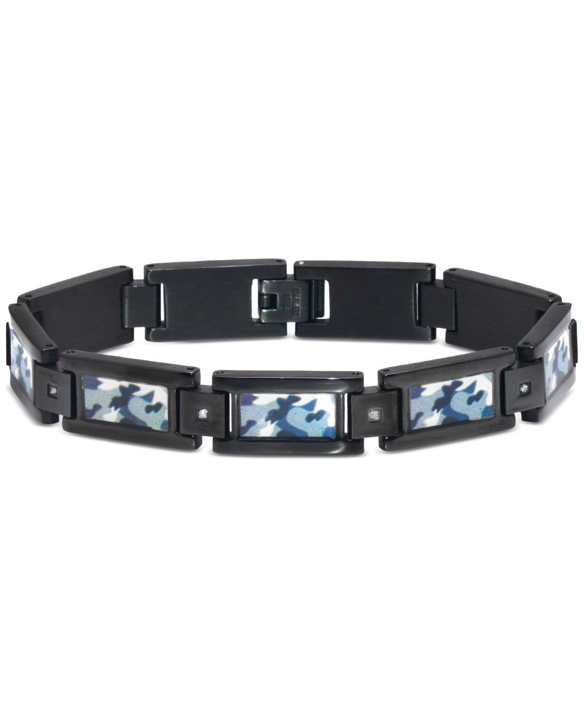 Mens Diamond Accent Camo Carbon Fiber Link Bracelet in Black Ion-Plated Stainless Steel Product Image