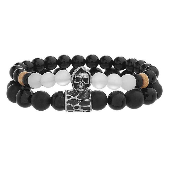 Mens Lab-Created Black Jade & Frosted Glass Bead Stretch Bracelet Set Stainless Product Image