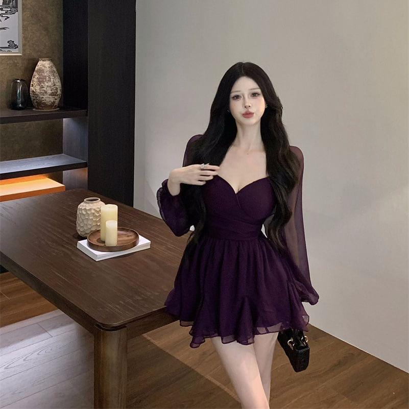 Long Sleeve V-Neck Plain Chiffon Ruffle Trim Mini A-Line Dress Product Image