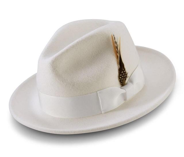 Wool Felt Fedora Pinch Front with Feather Accent in White Product Image