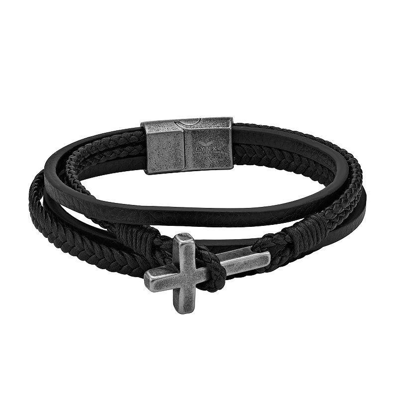 LYNX Mens Antiqued Stainless Steel Multistrand Black Leather Bracelet Product Image