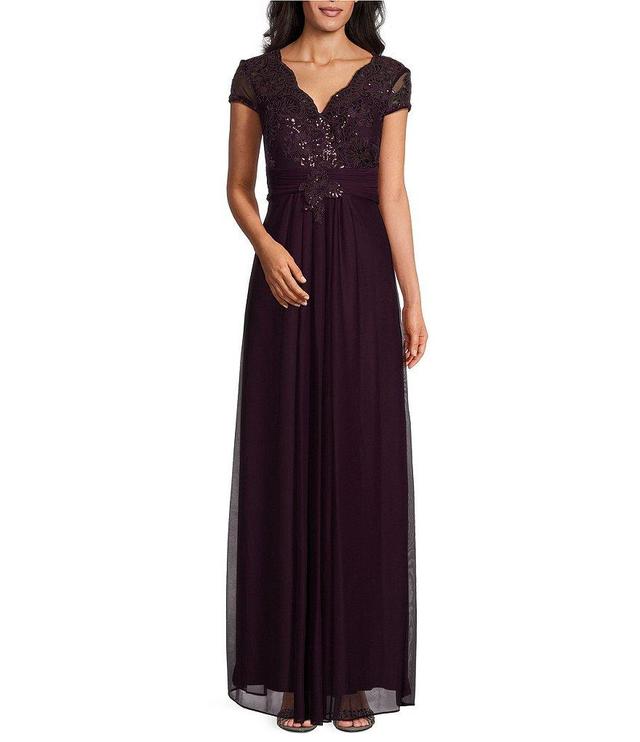 Alex Evenings Stretch Tulle Lace Top Embroidered Surplice V-Neck Short Sleeves A-Line Dress Product Image