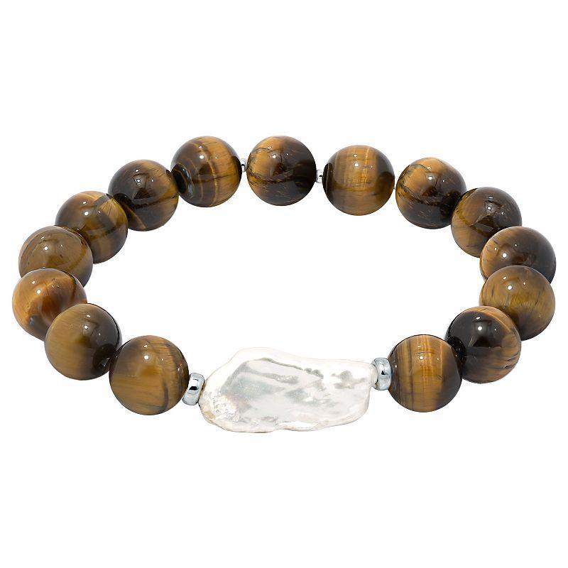 Aleure Precioso Gemstone & Biwa Cultured Pearl Stretch Bracelet, Womens Tiger Eye Product Image