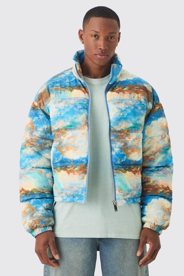 Boxy Abstract Print Puffer Coat In Blue | boohooMAN USA Product Image