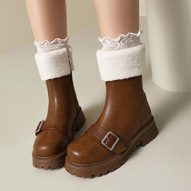 Buckled Fluffy Trim Platform Chunky Heel Short Boots Product Image