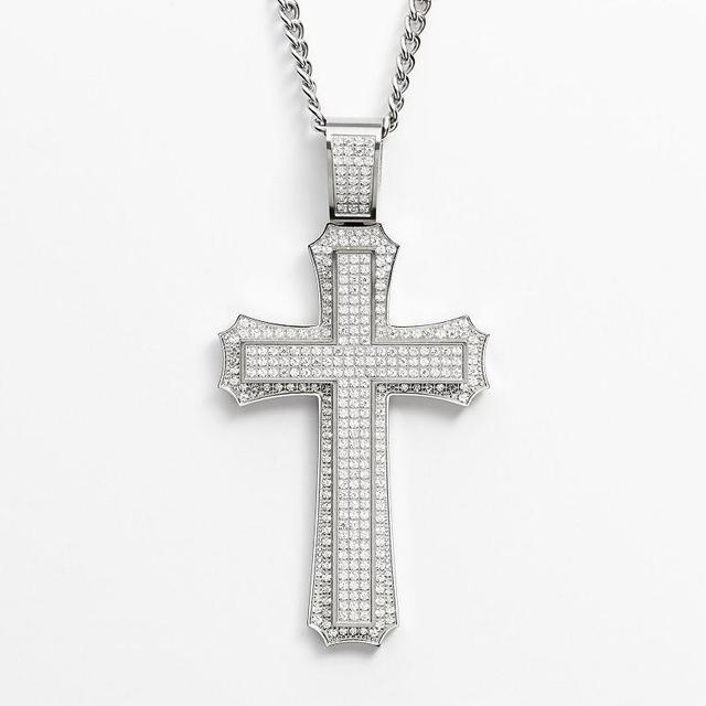 Stainless Steel Cubic Zirconia Cross Pendant - Men, Mens White Product Image