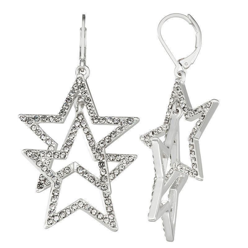 Nine West Silver Tone & Simulated Crystal Double Star Drop Earrings, Womens Product Image