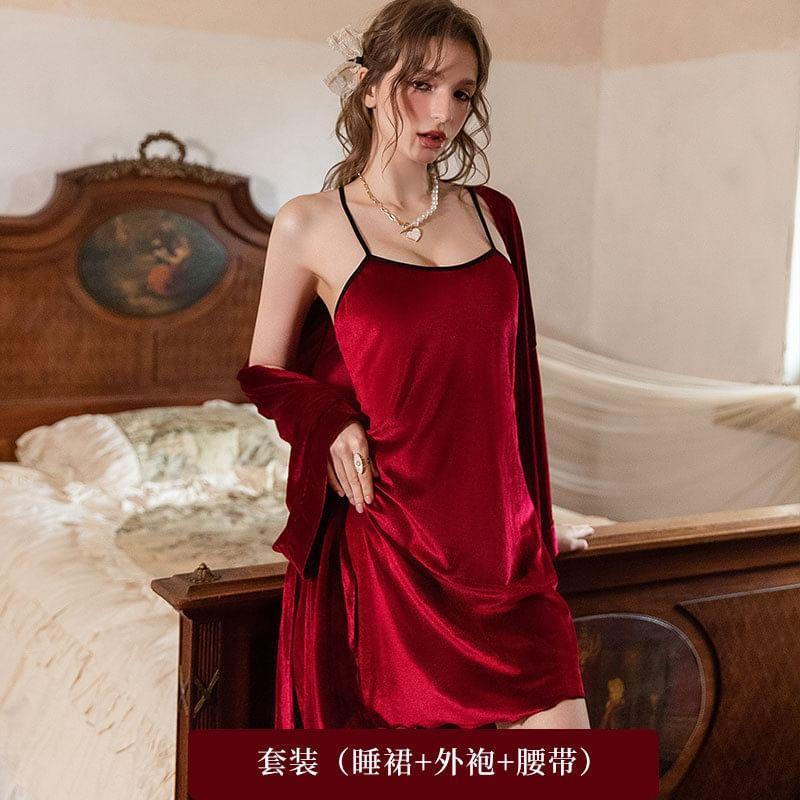 Contrast Trim Velvet Slip Dress / Plain Robe / Sash / Set Product Image