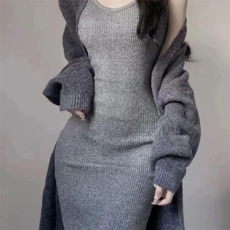 V-Neck Melange Midi Open Front Cardigan / Spaghetti Strap Midi Sheath Knit Dress / Set Product Image