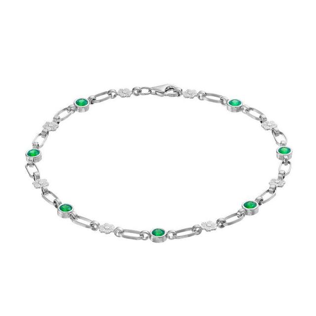 Kristen Kesho Sterling Silver Lab-Created Emerald Flower Link Bracelet, Womens Grey Product Image