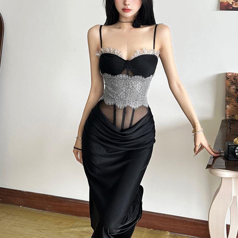 Spaghetti Strap Mesh Panel Maxi Sheath Dress Product Image