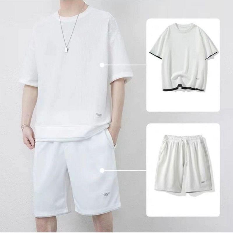 Set: Short-Sleeve Crew Neck Mock Two Piece Waffle T-Shirt + Drawstring Waist Sweat Shorts Product Image