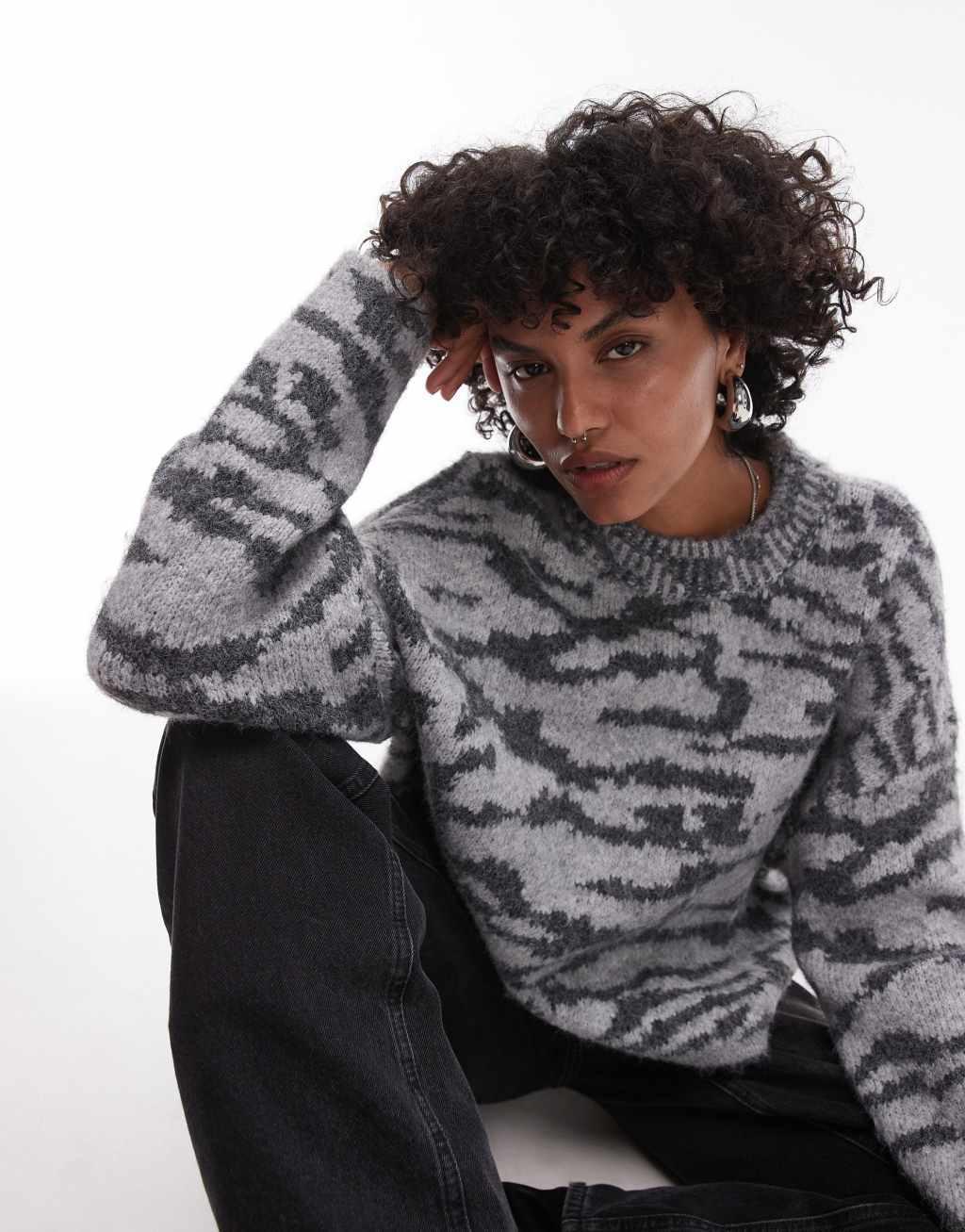 Topshop knit fluffy relaxed ultimate sweater in gray pattern Product Image