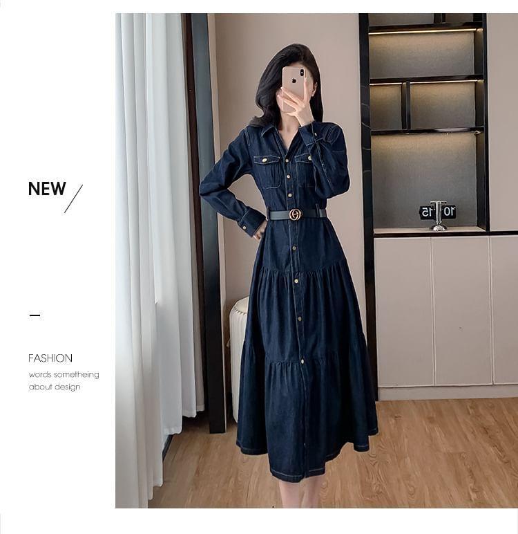 Long-Sleeve Denim Midi A-Line Shirt Dress Product Image