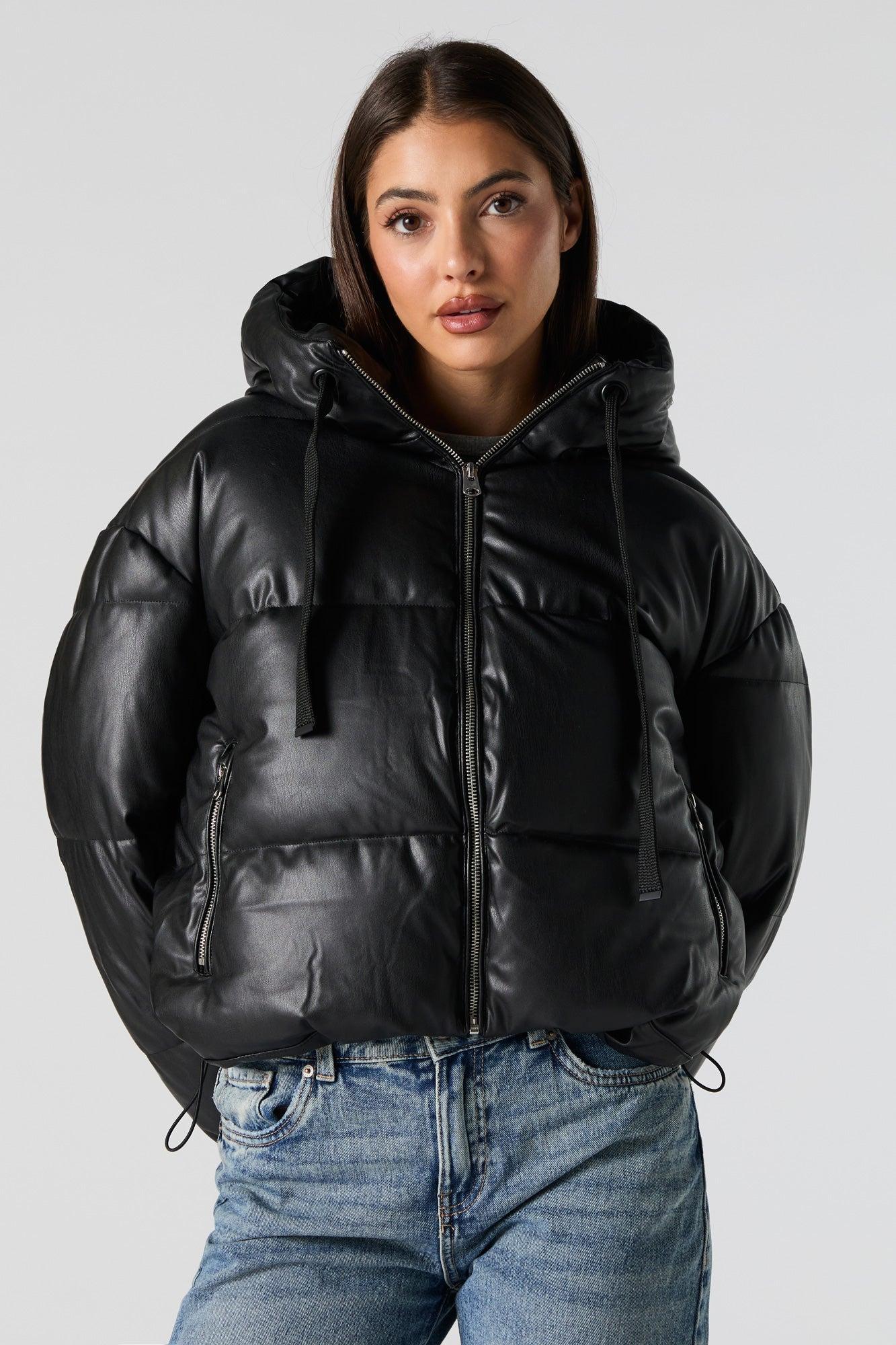 Faux Leather Hooded Puffer Jacket Female Product Image