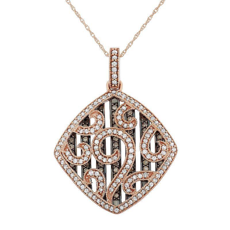 1 1/5 Carat T.W. Brown and White Diamond 10k Rose Gold Scrollwork Pendant Necklace, Womens Product Image