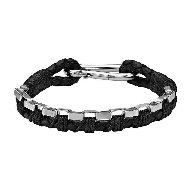 LYNX Mens Stainless Steel Black Leather Bracelet Product Image