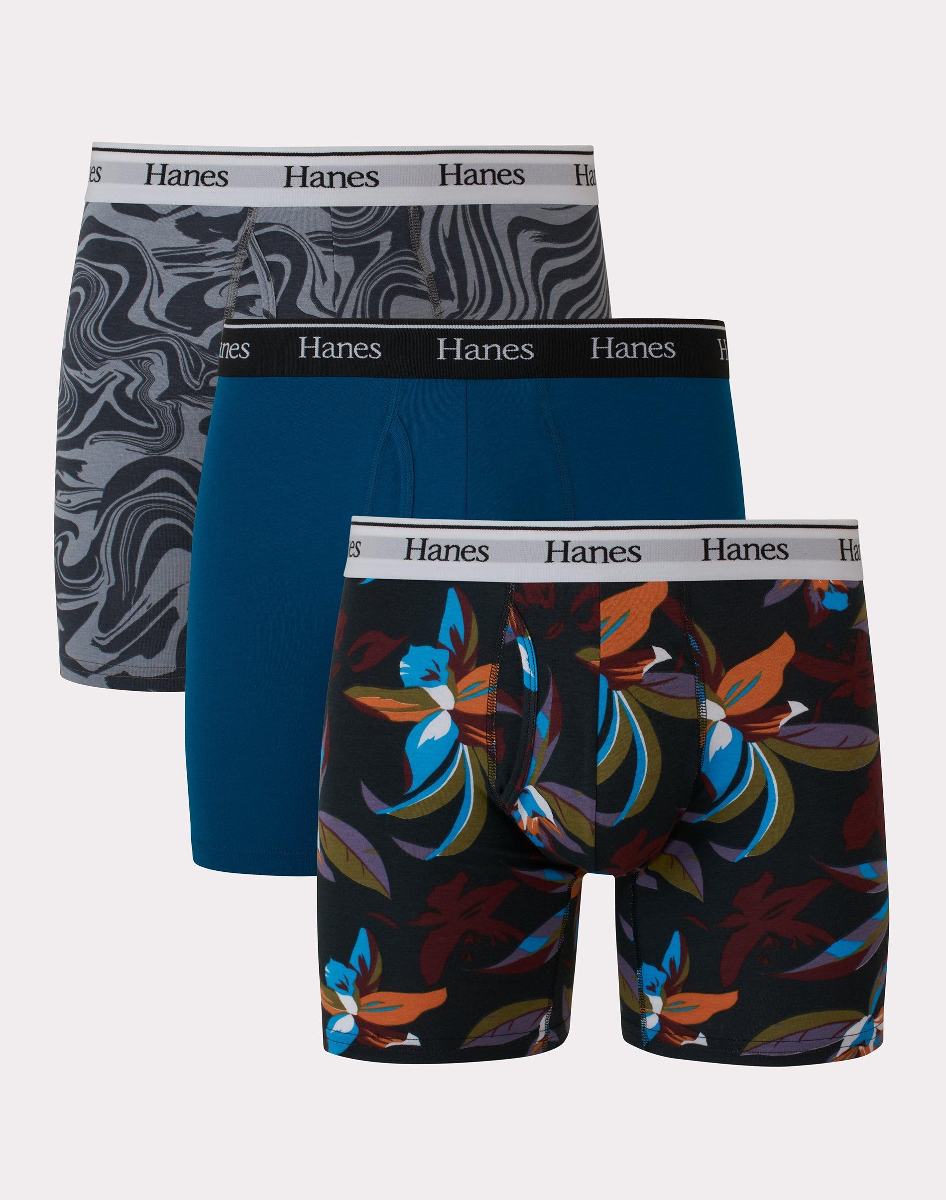 Hanes Originals Ultimate Mens Boxer Brief Underwear, Moisture-Wicking Stretch Cotton, Assorted Prints & Solids, 3-Pack Print/Print/Blue L Product Image