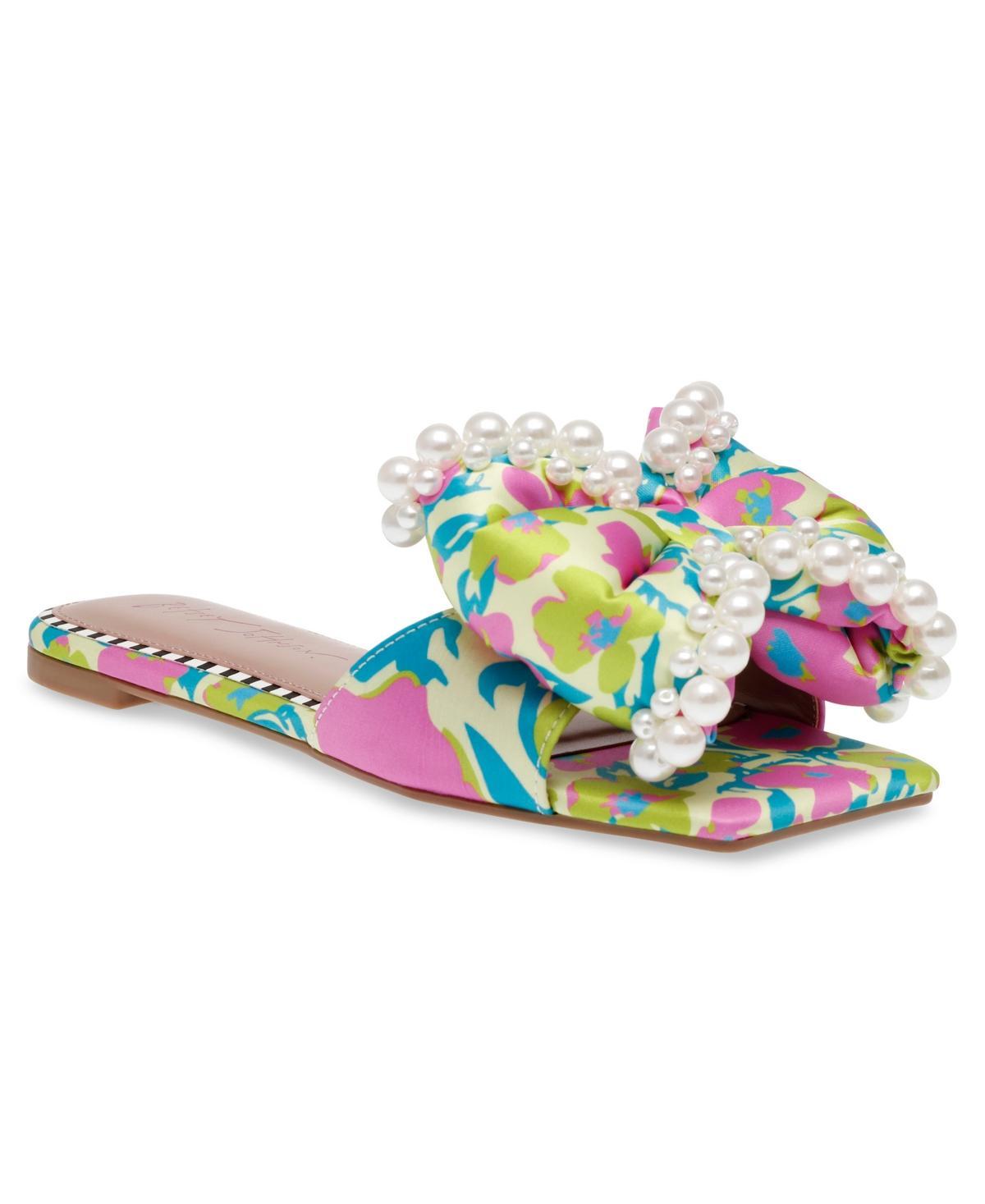 Betsey Johnson Womens Liah Pearl-Embellished Bow Slide Sandals Product Image