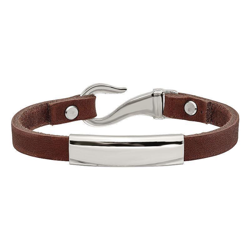 Mens Brown Leather & Stainless Steel ID Bracelet Product Image