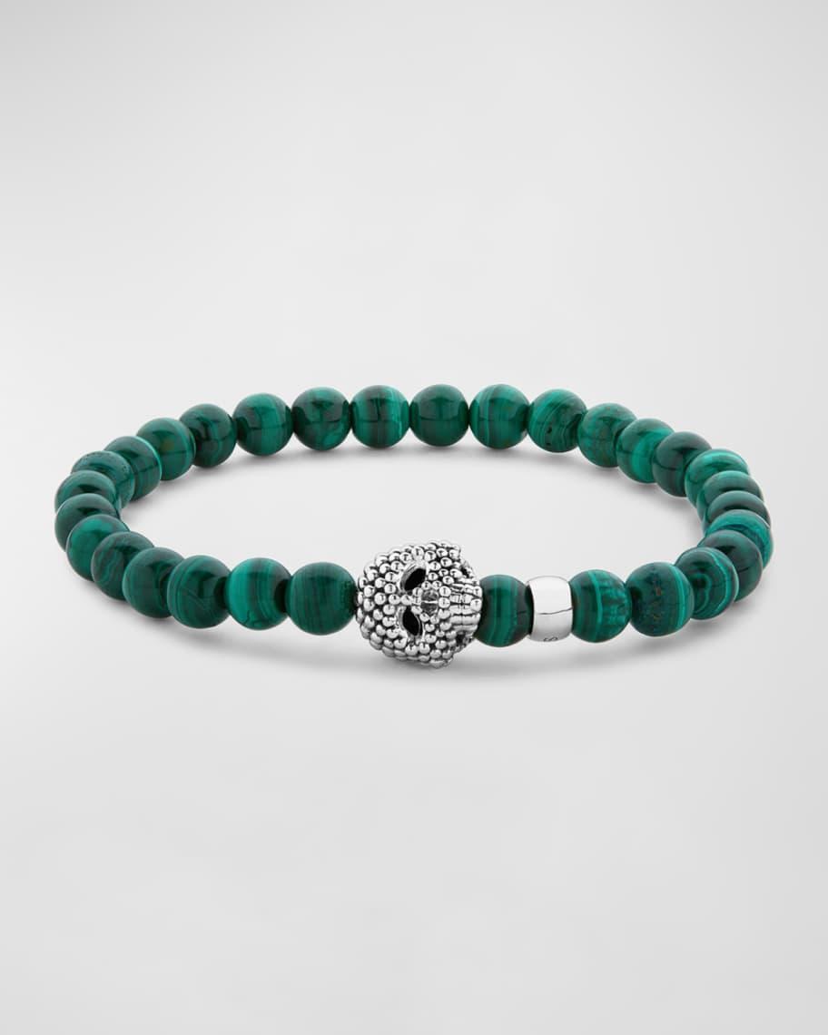 Mens Sterling Silver Anthem Malachite Skull Beaded Bracelet, 6mm Product Image