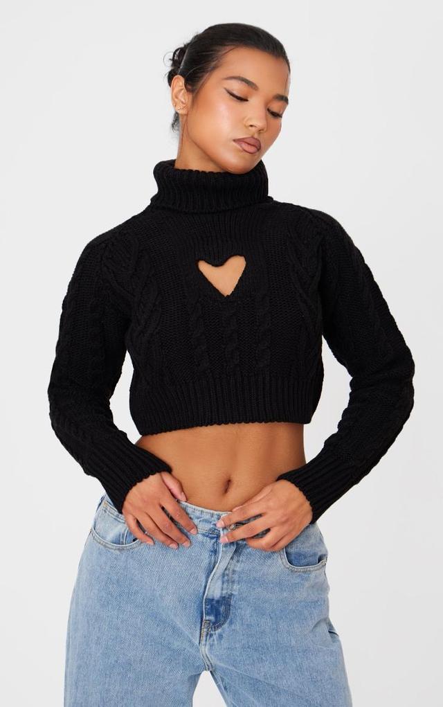 Black Cable Knit Wide Roll Neck Heart Cut Out Sweater Product Image