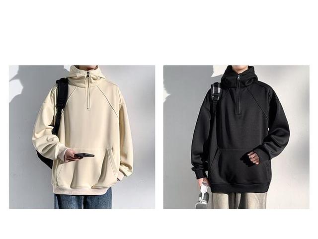 Stand Collar Plain Fleece-Lined Half Zip Hoodie Product Image