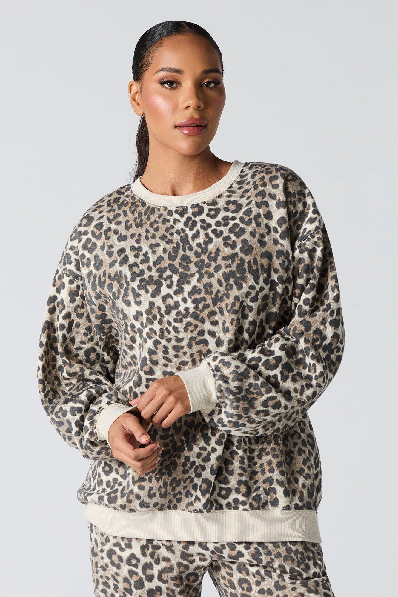 Oversized Cheetah Print Fleece Sweatshirt Female Product Image