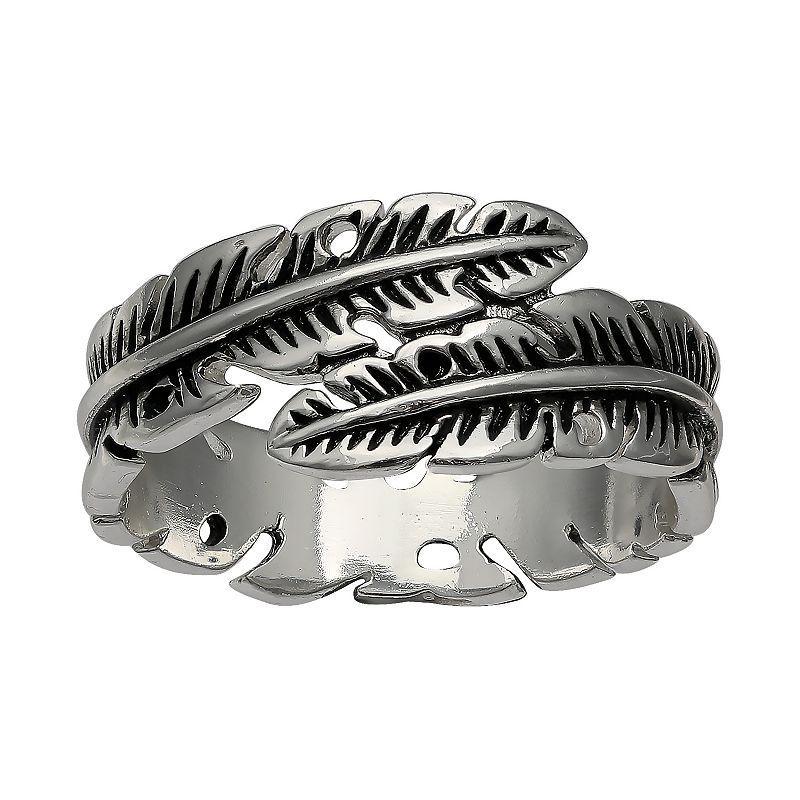 PRIMROSE Sterling Silver Oxidized Feather Bypass Ring, Womens, Size: 7, Grey Product Image