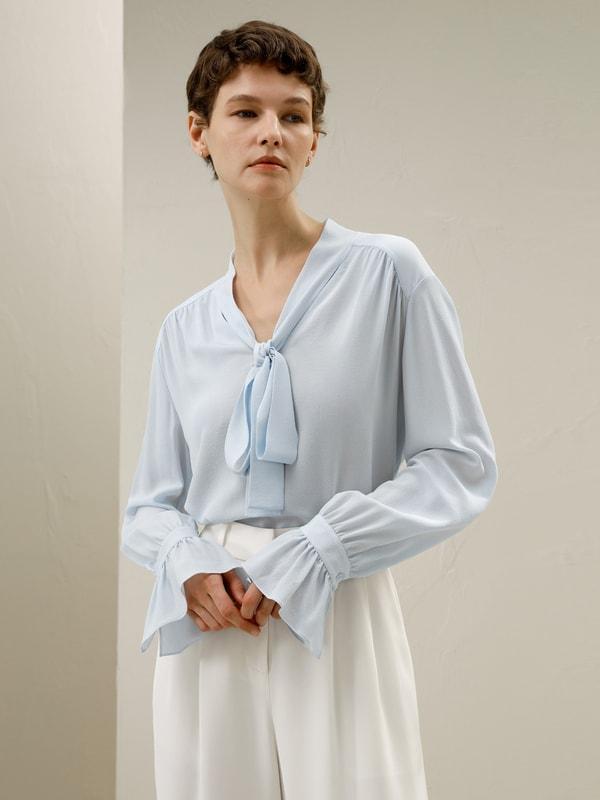 Silk V-neck Ribbon Blouse Product Image