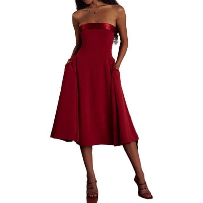 Strapless Plain Midi A-Line Dress Product Image