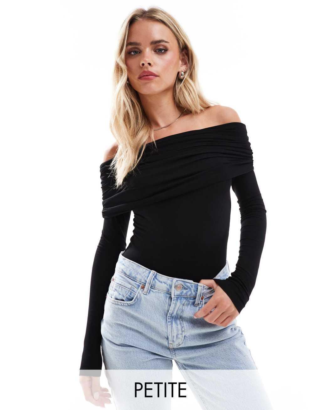 Miss Selfridge Petite long sleeve bardot bodysuit in black Product Image