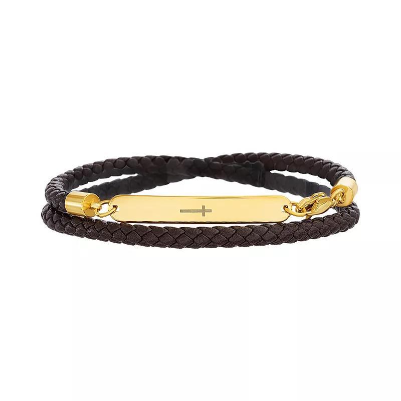 slate Mens Gold Tone Ion-Plated Stainless Steel & Leather Double Row Bracelet Product Image