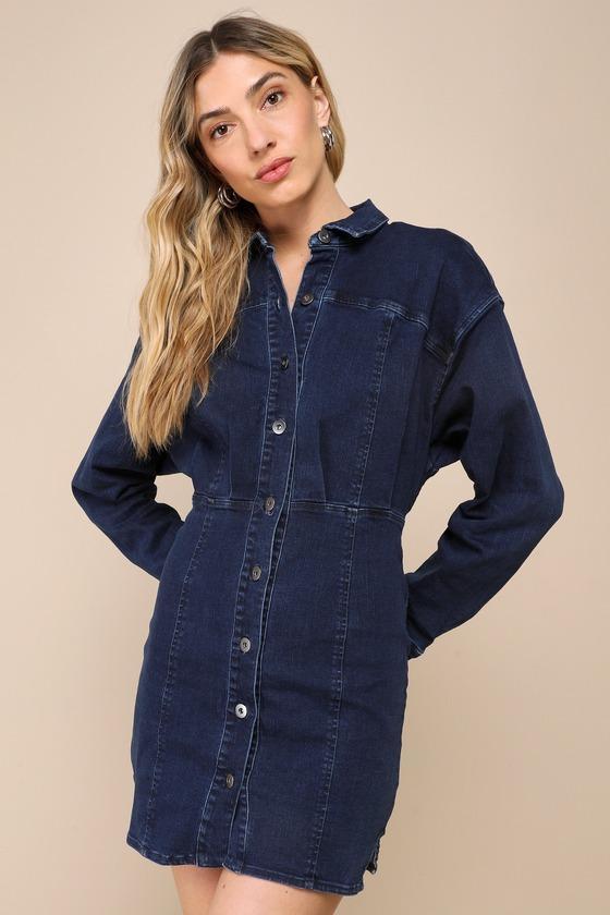 Amber Dark Wash Denim Long Sleeve Button-Front Mini Dress Product Image