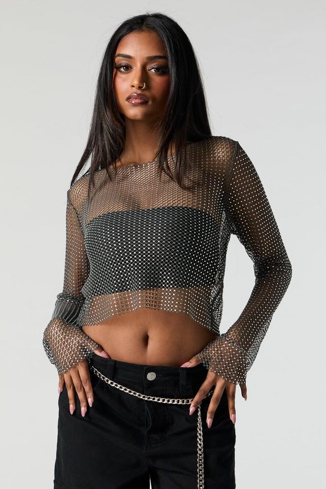 Rhinestone Fishnet Long Sleeve Top Female Product Image